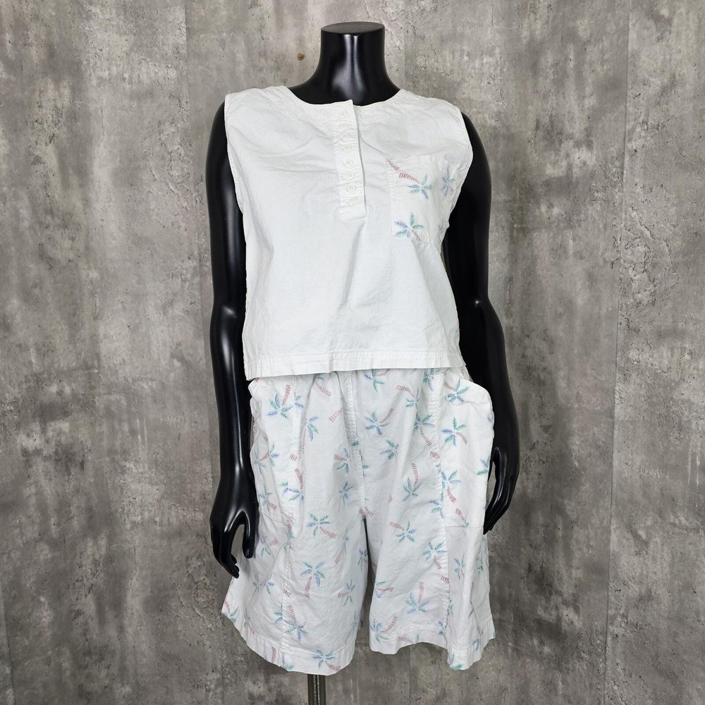 Vintage‎ 90s Kikomo Size L White Pastel Palm Tree Pattern Shorts Tank Set Outfit
